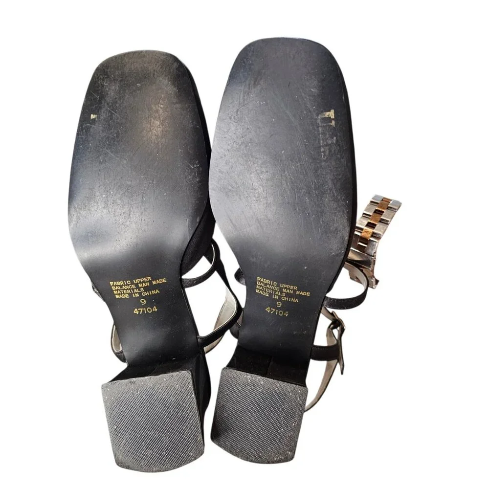 90s Y2K Chunky Heel Square Toe Strappy Mule Black‎ Satin Business Sz 9 2.5